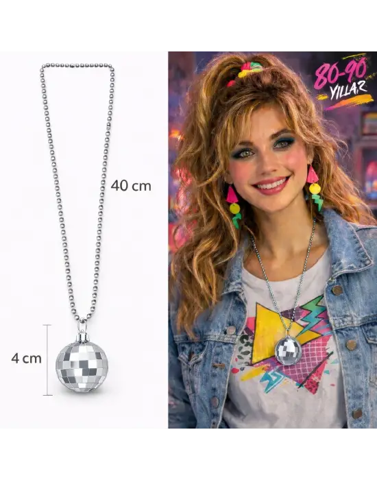Retro Disko Topu Şekilli 80&amp;#39;ler 90&amp;#39;lar Gümüş Renk Plastik Kolye