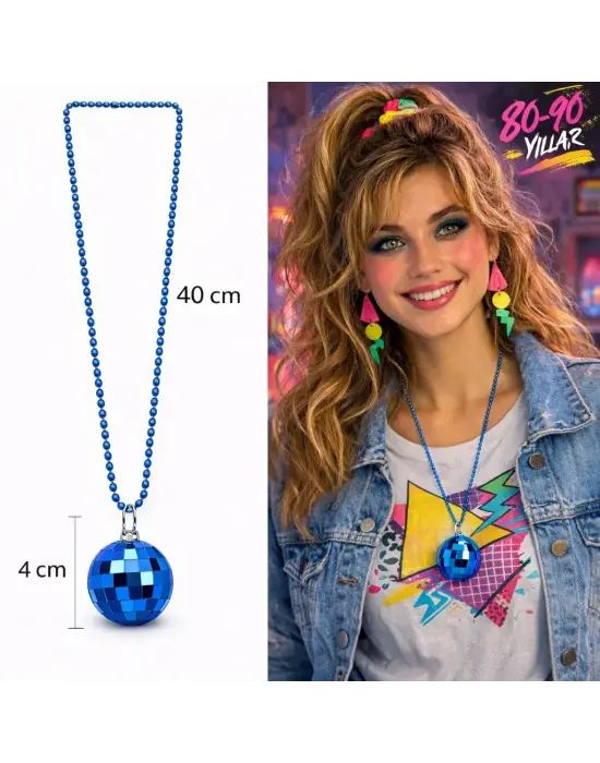 Retro Disko Topu Şekilli 80&amp;#39;ler 90&amp;#39;lar Mavi Renk Plastik Kolye