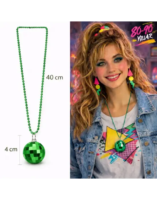 Retro Disko Topu Şekilli 80&amp;#39;ler 90&amp;#39;lar Yeşil Renk Plastik Kolye