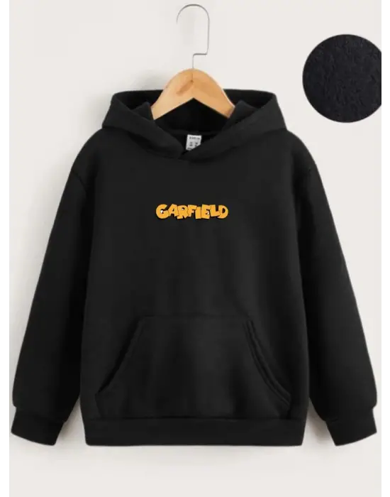SBRD- Çocuk Unisex Kapüşonlu Ön Ve Arka Garfield Baskılı Sweatshirt - Siyah