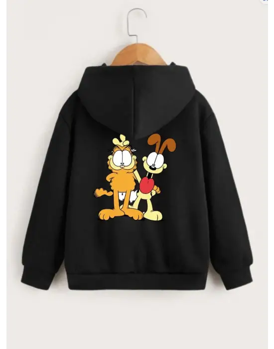 SBRD- Çocuk Unisex Kapüşonlu Ön Ve Arka Garfield Baskılı Sweatshirt - Siyah
