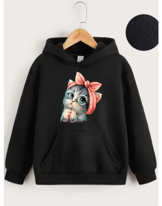 SBRD- Çocuk Unisex Kapüşonlu Tatlı Kedi Baskılı Sweatshirt - Siyah