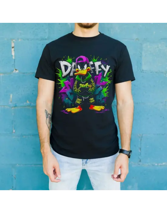 SBRD- Daffy Duck Graffiti Baskılı Unisex Siyah Tişört - 24/1 Penye Pamuklu