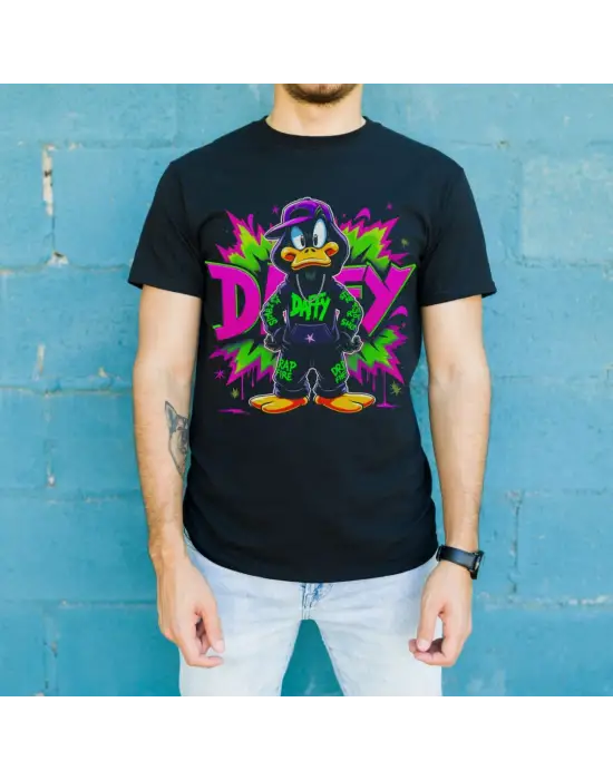 SBRD- Daffy Duck Graffiti Baskılı Unisex Siyah Tişört - 24/1 Penye Pamuklu