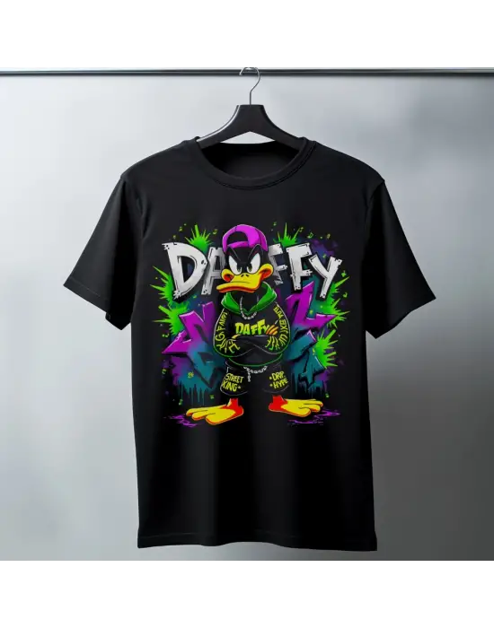 SBRD- Daffy Duck Graffiti Baskılı Unisex Siyah Tişört - 24/1 Penye Pamuklu