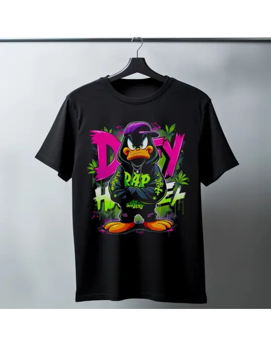 SBRD- Daffy Duck Graffiti Baskılı Unisex Siyah Tişört - 24/1 Penye Pamuklu