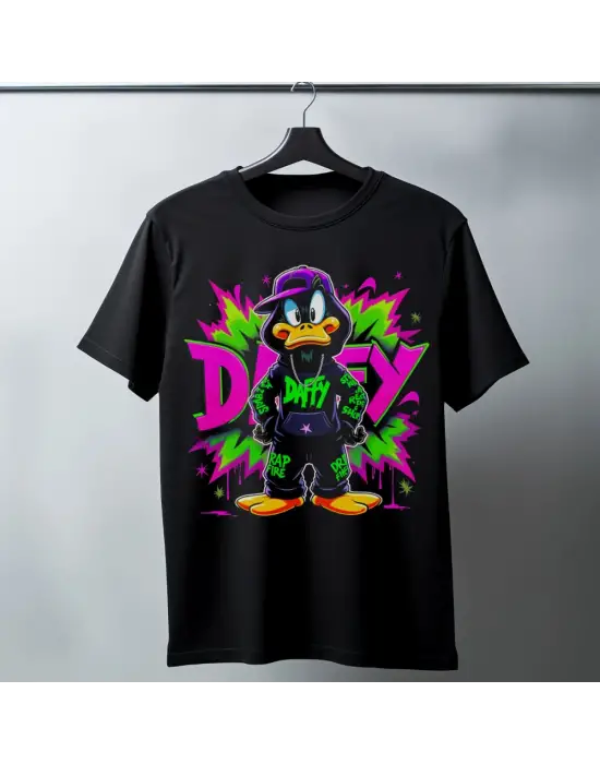 SBRD- Daffy Duck Graffiti Baskılı Unisex Siyah Tişört - 24/1 Penye Pamuklu