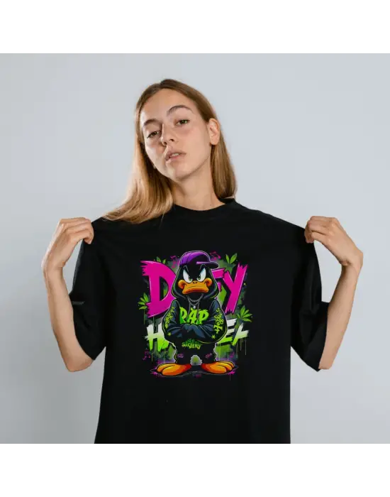 SBRD- Daffy Duck Graffiti Baskılı Unisex Siyah Tişört - 24/1 Penye Pamuklu