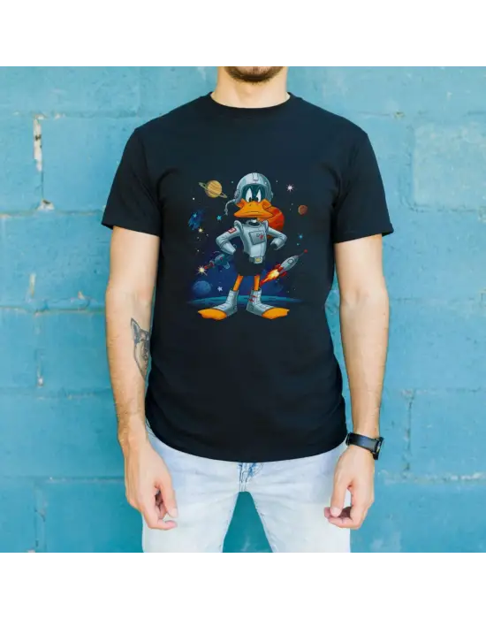 SBRD- Duck Dodgers Uzay Baskılı Unisex Siyah Oversize Tişört - 24/1 Penye