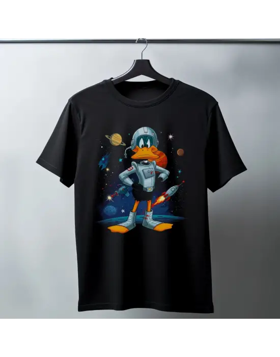 SBRD- Duck Dodgers Uzay Baskılı Unisex Siyah Oversize Tişört - 24/1 Penye