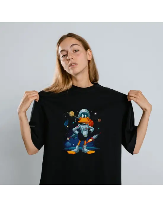 SBRD- Duck Dodgers Uzay Baskılı Unisex Siyah Oversize Tişört - 24/1 Penye