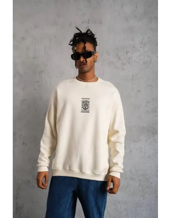 SBRD- Erkek 3 İplik Pamuklu Bisiklet Yaka Baskılı Oversize Sweatshirt - Beyaz