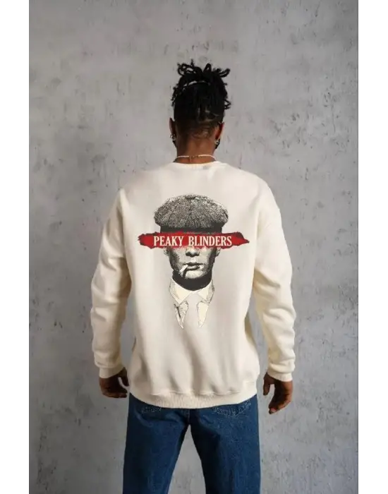 SBRD- Erkek 3 İplik Pamuklu Bisiklet Yaka Baskılı Oversize Sweatshirt - Beyaz