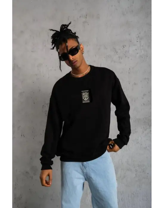 SBRD- Erkek 3 İplik Pamuklu Bisiklet Yaka Baskılı Oversize Sweatshirt - Siyah