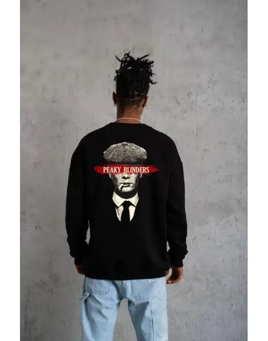 SBRD- Erkek 3 İplik Pamuklu Bisiklet Yaka Baskılı Oversize Sweatshirt - Siyah