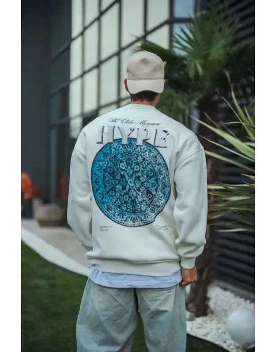 SBRD- Erkek 3 İplik Pamuklu Bisiklet Yaka Baskılı Sweatshirt - Beyaz