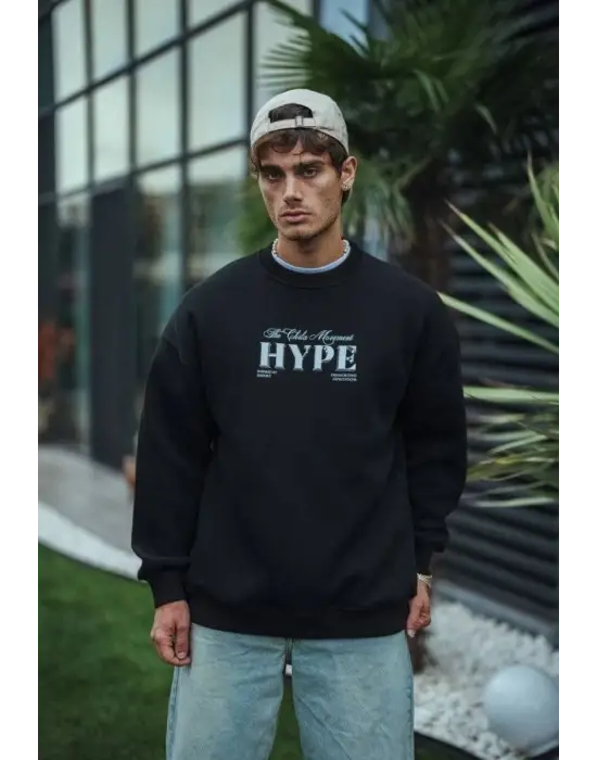 SBRD- Erkek 3 İplik Pamuklu Bisiklet Yaka Baskılı Sweatshirt - Siyah