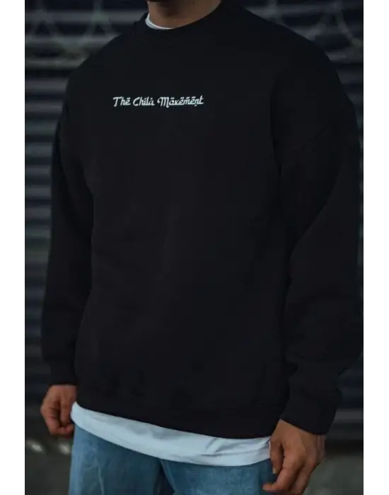 SBRD- Erkek 3 İplik Pamuklu Bisiklet Yaka Baskılı Sweatshirt - Siyah