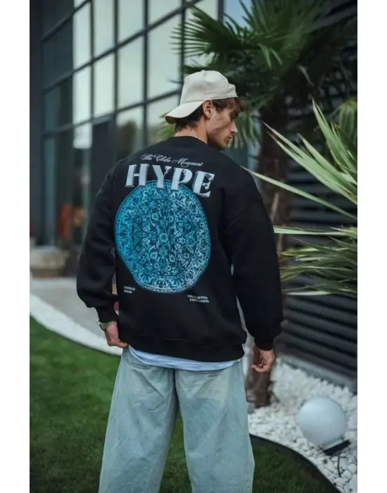 SBRD- Erkek 3 İplik Pamuklu Bisiklet Yaka Baskılı Sweatshirt - Siyah