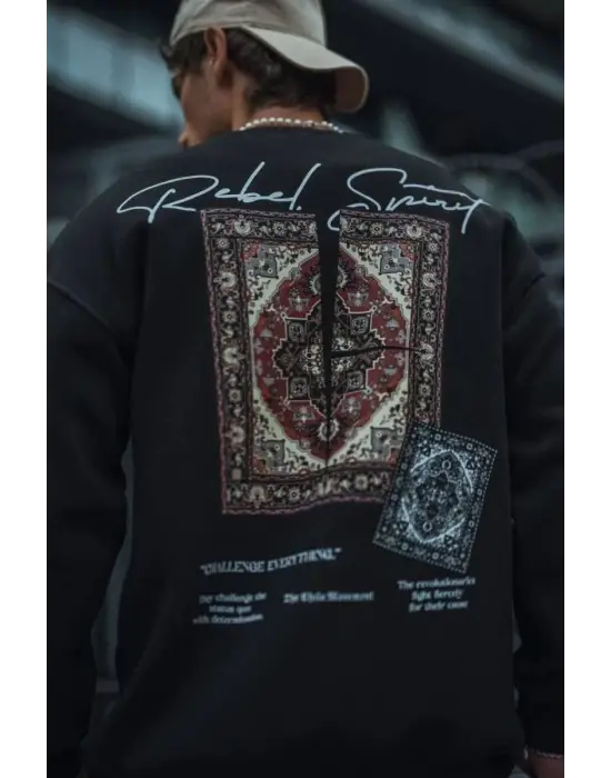 SBRD- Erkek 3 İplik Pamuklu Bisiklet Yaka Baskılı Sweatshirt - Siyah