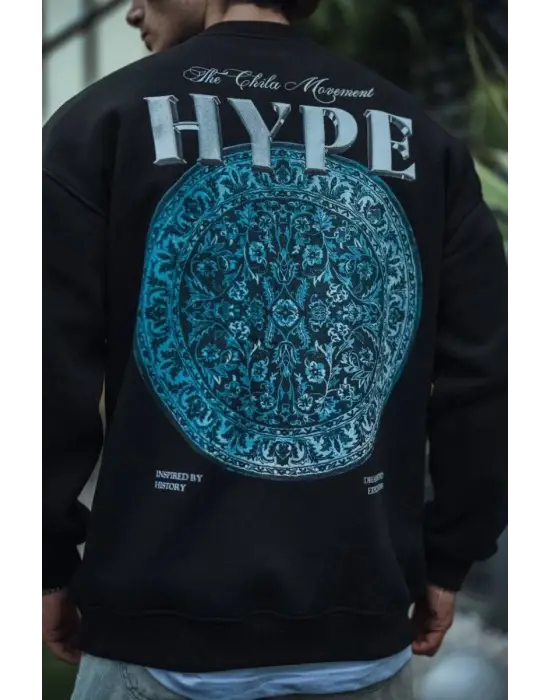 SBRD- Erkek 3 İplik Pamuklu Bisiklet Yaka Baskılı Sweatshirt - Siyah