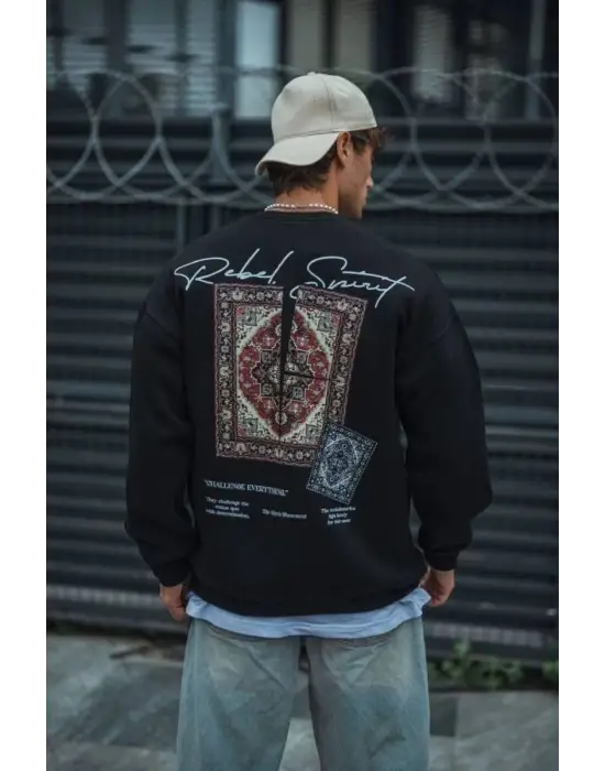 SBRD- Erkek 3 İplik Pamuklu Bisiklet Yaka Baskılı Sweatshirt - Siyah