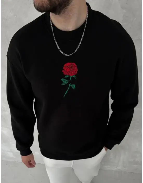 SBRD- Erkek 3 İplik Pamuklu Bisiklet Yaka Ön Ve Arka Baskılı Sweatshirt - Siyah