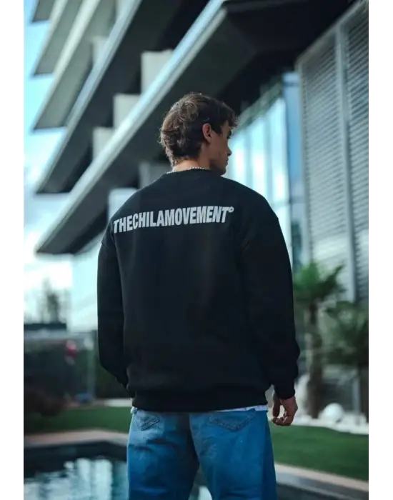 SBRD- Erkek 3 İplik Pamuklu Bisiklet Yaka Oversize Baskılı Sweatshirt - Siyah