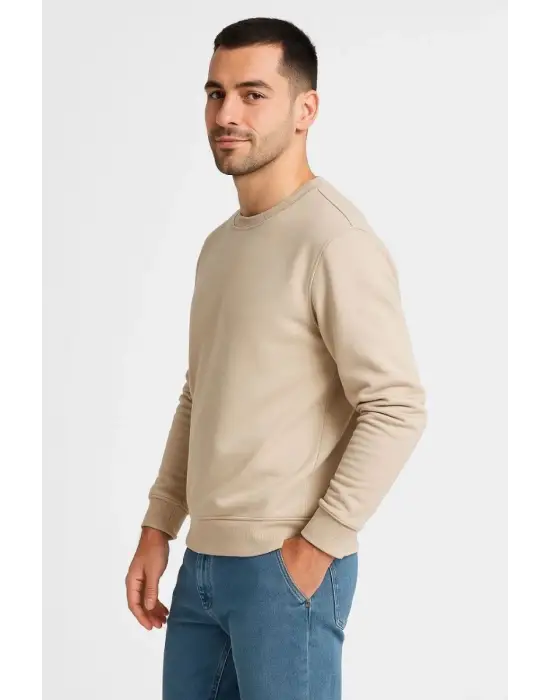 SBRD- Erkek 3 İplik Pamuklu Düz Bisiklet Yaka Sweatshirt - Bej