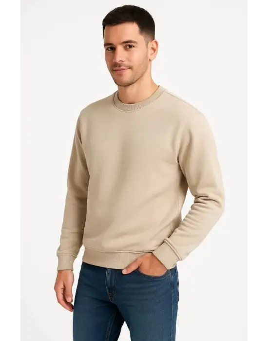 SBRD- Erkek 3 İplik Pamuklu Düz Bisiklet Yaka Sweatshirt - Bej