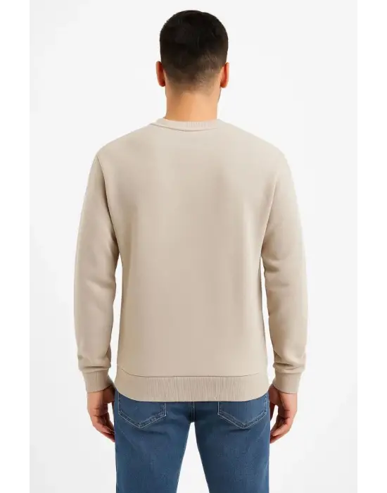 SBRD- Erkek 3 İplik Pamuklu Düz Bisiklet Yaka Sweatshirt - Bej