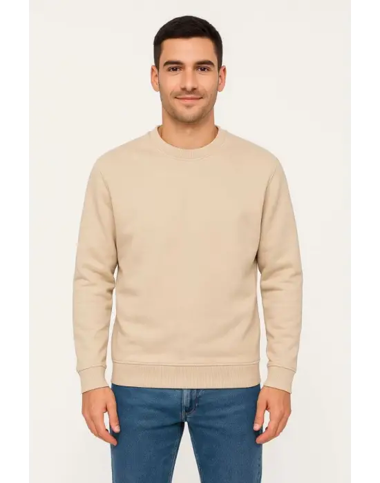 SBRD- Erkek 3 İplik Pamuklu Düz Bisiklet Yaka Sweatshirt - Bej
