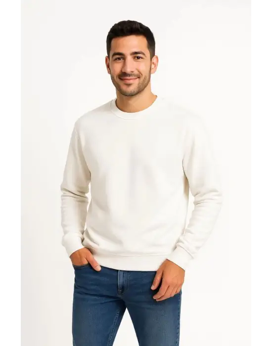 SBRD- Erkek 3 İplik Pamuklu Düz Bisiklet Yaka Sweatshirt - Beyaz