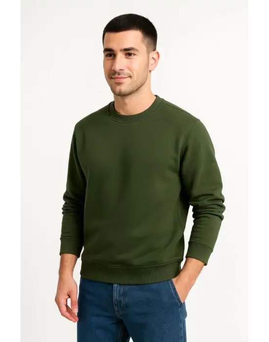 SBRD- Erkek 3 İplik Pamuklu Düz Bisiklet Yaka Sweatshirt - Haki