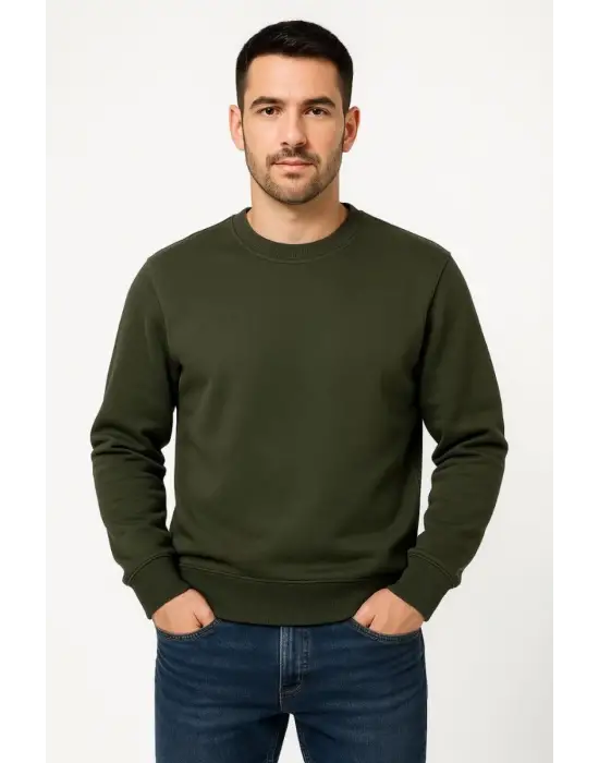 SBRD- Erkek 3 İplik Pamuklu Düz Bisiklet Yaka Sweatshirt - Haki