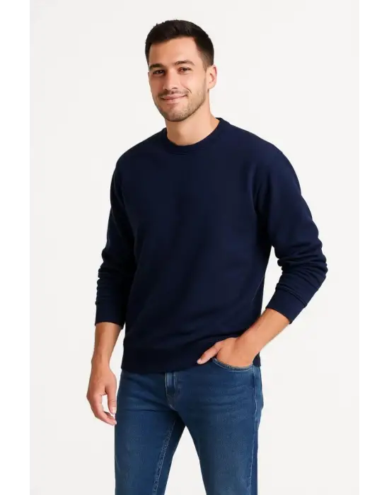 SBRD- Erkek 3 İplik Pamuklu Düz Bisiklet Yaka Sweatshirt - Lacivert