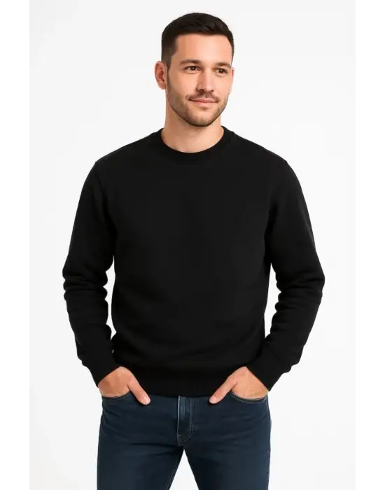 SBRD- Erkek 3 İplik Pamuklu Düz Bisiklet Yaka Sweatshirt - Siyah