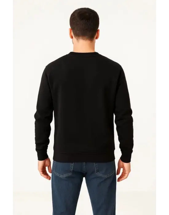 SBRD- Erkek 3 İplik Pamuklu Düz Bisiklet Yaka Sweatshirt - Siyah