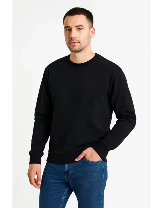 SBRD- Erkek 3 İplik Pamuklu Düz Bisiklet Yaka Sweatshirt - Siyah