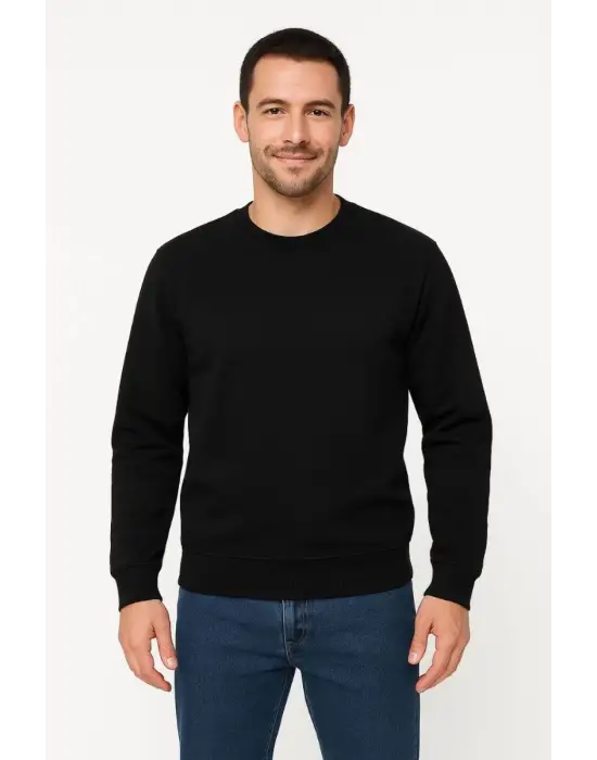 SBRD- Erkek 3 İplik Pamuklu Düz Bisiklet Yaka Sweatshirt - Siyah