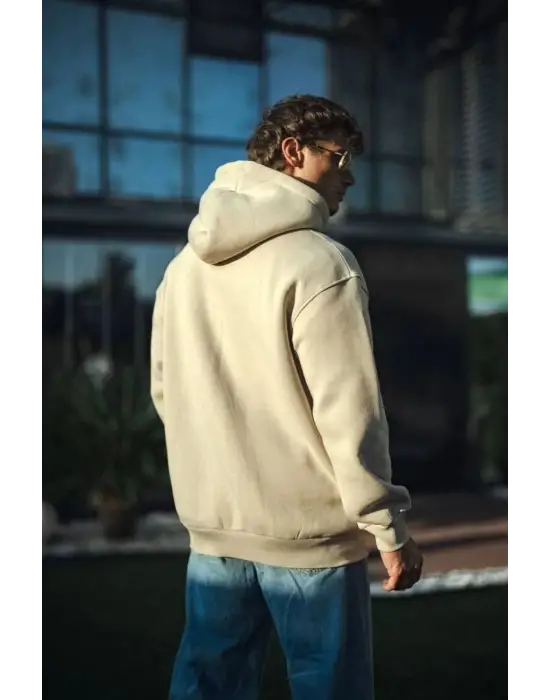 SBRD- Erkek 3 İplik Pamuklu Kapüşonlu Basic Sweatshirt Hoodie - Bej