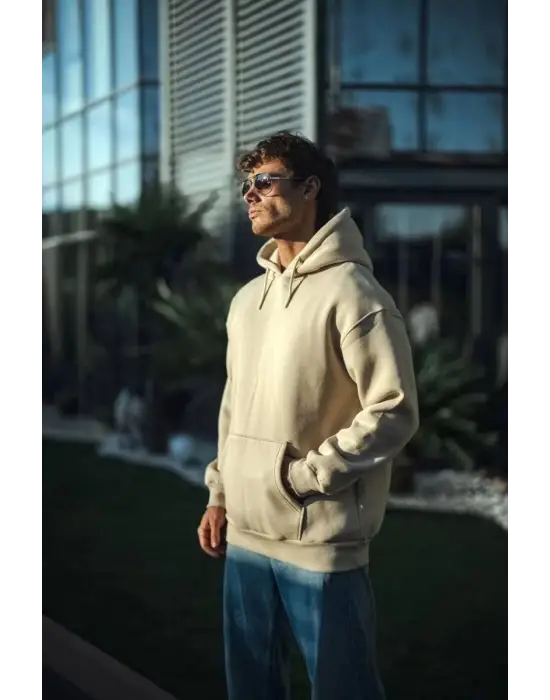 SBRD- Erkek 3 İplik Pamuklu Kapüşonlu Basic Sweatshirt Hoodie - Bej