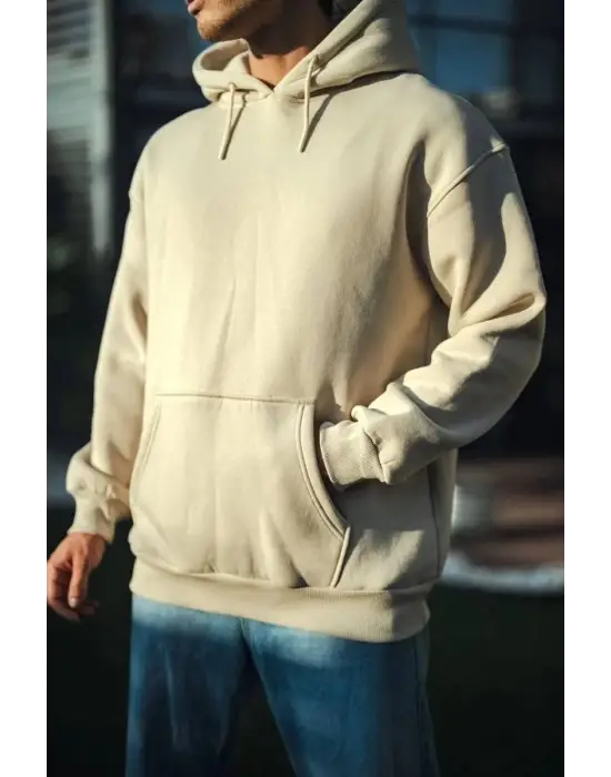 SBRD- Erkek 3 İplik Pamuklu Kapüşonlu Basic Sweatshirt Hoodie - Bej