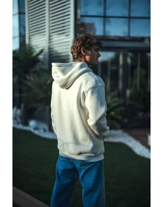 SBRD- Erkek 3 İplik Pamuklu Kapüşonlu Basic Sweatshirt Hoodie - Beyaz