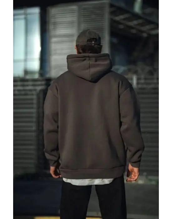 SBRD- Erkek 3 İplik Pamuklu Kapüşonlu Basic Sweatshirt Hoodie - Füme