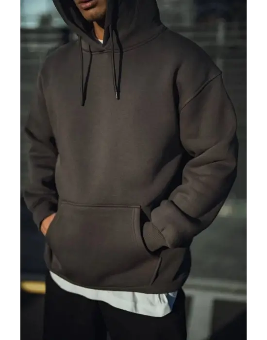 SBRD- Erkek 3 İplik Pamuklu Kapüşonlu Basic Sweatshirt Hoodie - Füme