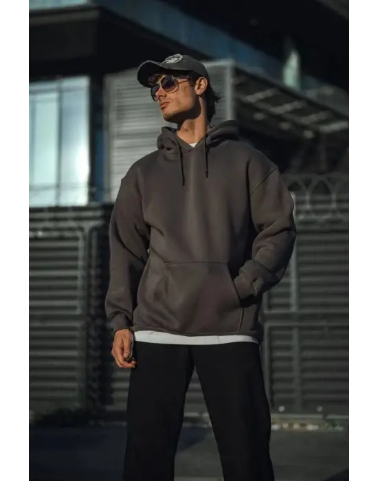SBRD- Erkek 3 İplik Pamuklu Kapüşonlu Basic Sweatshirt Hoodie - Füme