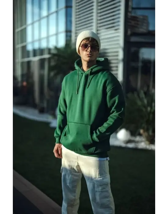 SBRD- Erkek 3 İplik Pamuklu Kapüşonlu Basic Sweatshirt Hoodie - Haki