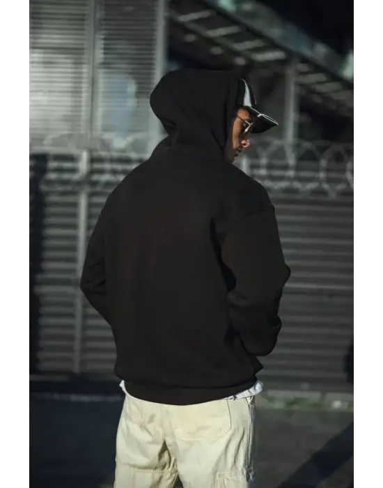 SBRD- Erkek 3 İplik Pamuklu Kapüşonlu Basic Sweatshirt Hoodie - Siyah