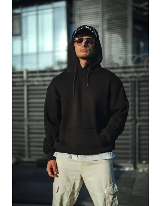 SBRD- Erkek 3 İplik Pamuklu Kapüşonlu Basic Sweatshirt Hoodie - Siyah